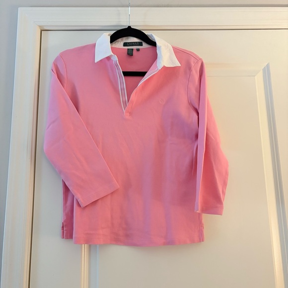 Lauren Ralph Lauren Women’s Pink and White Cotton Long Sleeve Polo Shirt - Picture 5 of 8